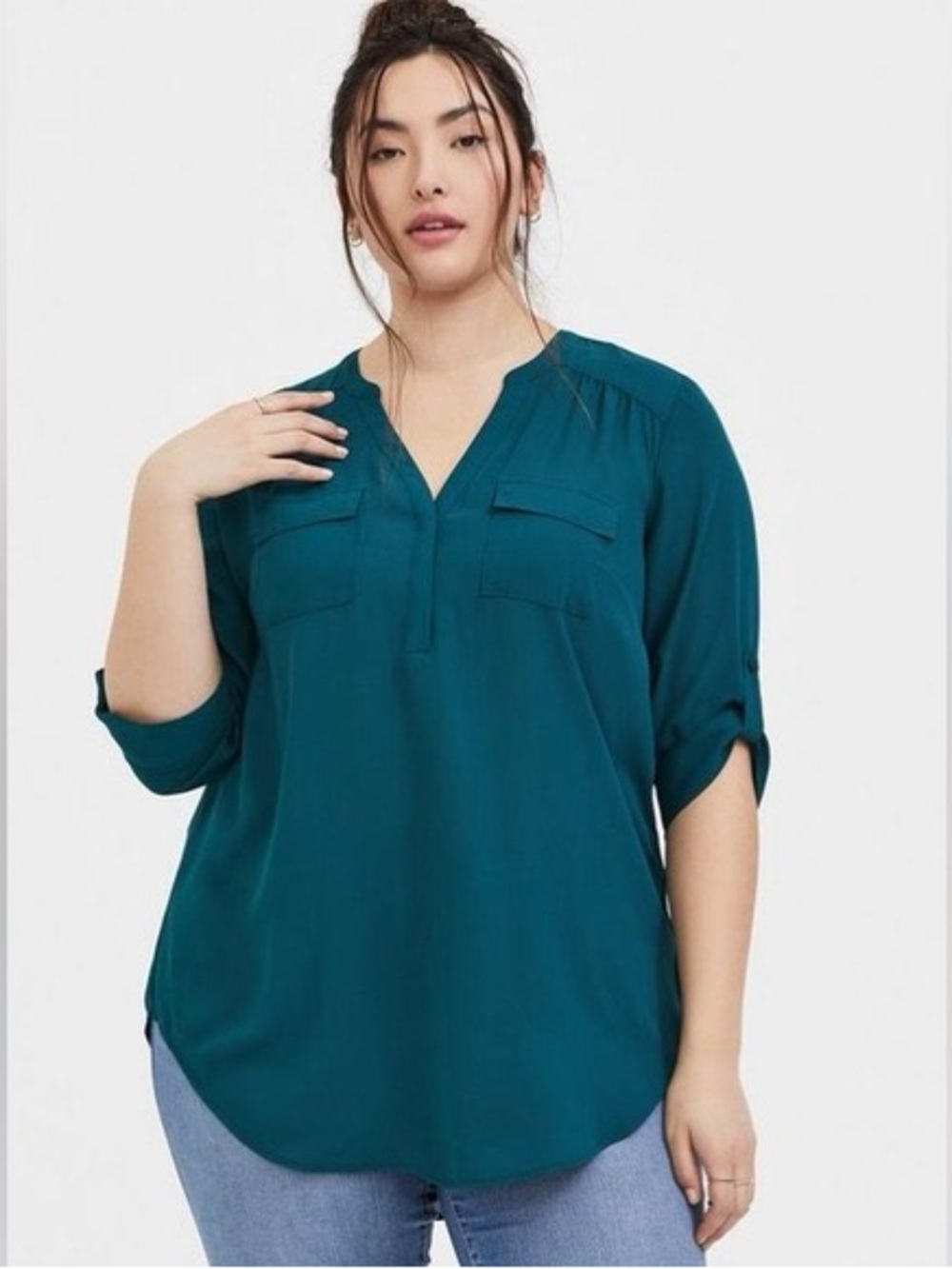 torrid Harper Teal V-Neck Roll-Tab Blouse